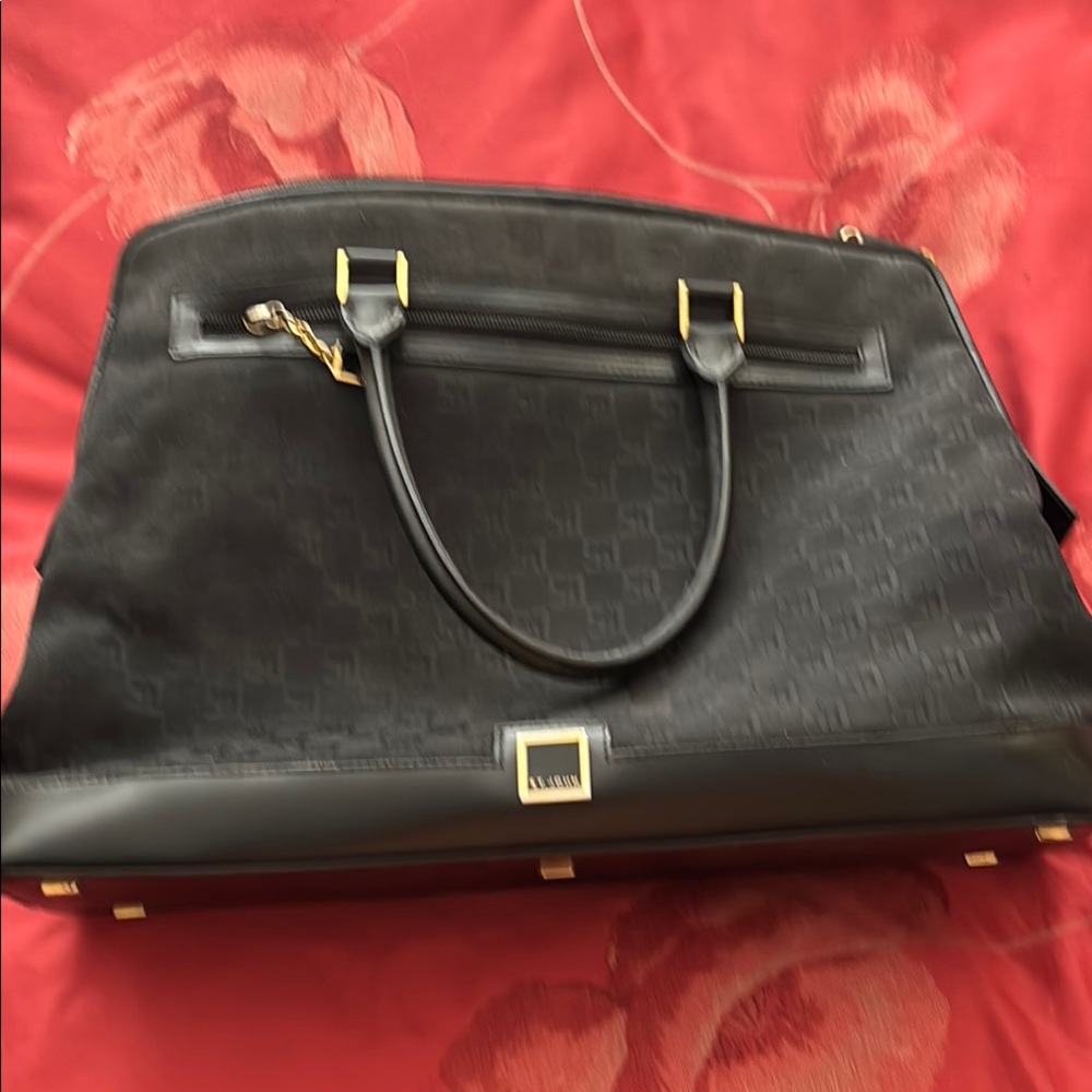 St John Logo fabric and  Black Leather Tote with gold  Accents